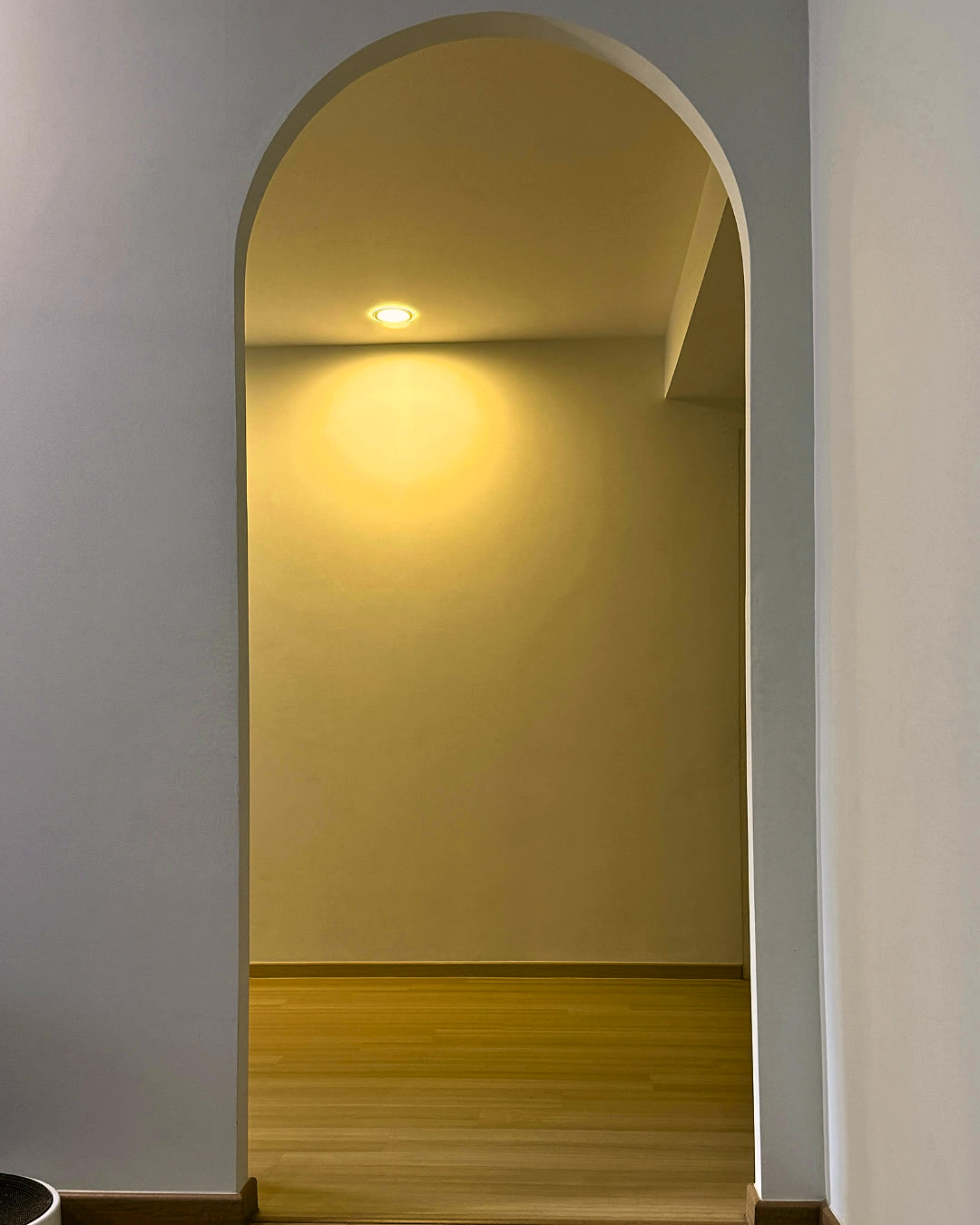 Arched hallway opening onto a sunlit room, herringbone flooring.